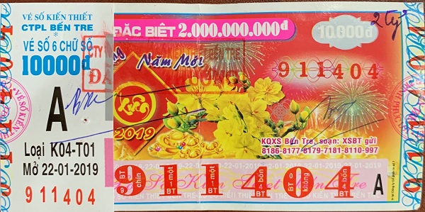 Công ty Xổ số Kiến thiết Bến Tre: Công bố thông tin trúng thưởng - Kỳ vé K04-T01