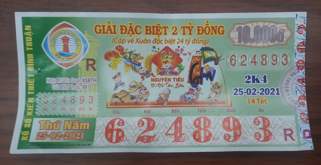 Công ty Xổ số Kiến thiết tỉnh Bình Thuận: Công bố thông tin trả thưởng kỳ vé 2K4