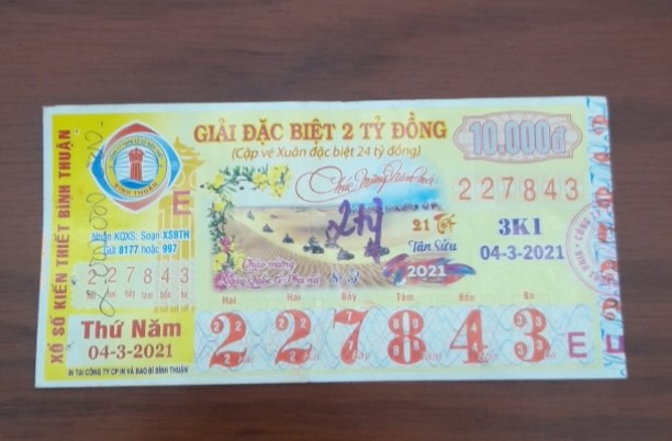 Công ty Xổ số Kiến thiết tỉnh Bình Thuận: Công bố thông tin trả thưởng kỳ vé 3k1