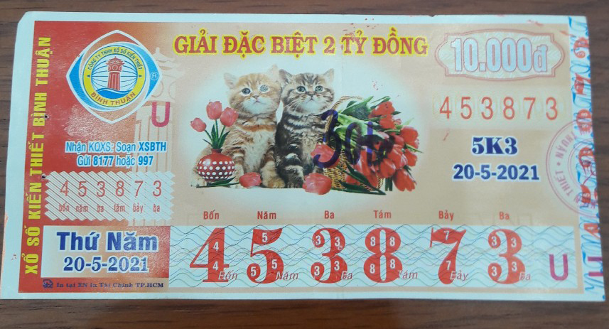 Công ty Xổ số Kiến thiết tỉnh Bình Thuận: Công bố thông tin trả thưởng kỳ vé 5K3