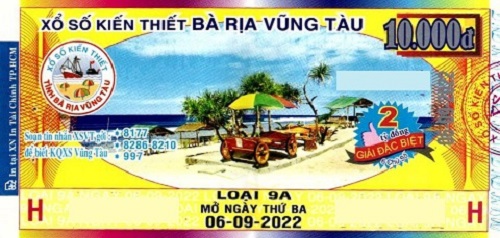 Công ty TNHH MTV XSKT tỉnh Bà Rịa Vũng Tàu công bố thông tin trả thưởng kỳ vé  9A mở ngày 06/09/2022