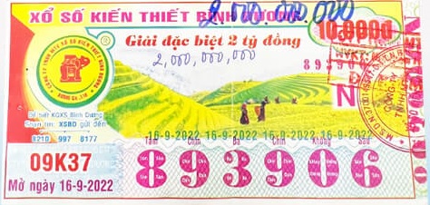 Công ty TNHH MTV Xổ số Kiến thiết  Bình Dương: Công bố thông tin trả thưởng kỳ vé 09K37 ngày 16/09/2022
