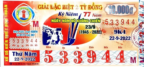 Công ty TNHH MTV XSKT Bình Thuận: công bố thông tin trả thưởng kỳ vé 9K4 ngày 22/9/2022
